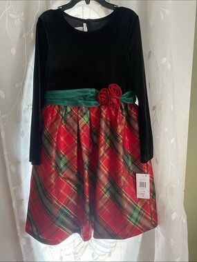 Girls 16 Bonnie Jean Black Velvet Top Red Plaid Holiday Dress with Green Sash